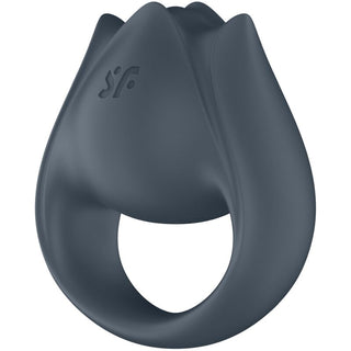 Satisfyer Perfect Pair 2 är en mörkgrå penisring i silikon med en blomliknande design och en subtilt präglad SF-logotyp på framsidan.