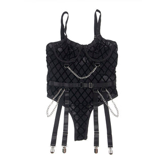 Svart quiltad bodysuit med justerbara remmar, dekorativa kedjor, metallspännen och fastsatta strumpeband.