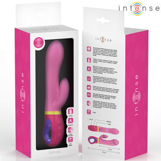 Intense Daphne Rabbitvibrator Rosa i öppen förpackning som visar dubbel stimulans och funktioner. Tillverkad av kroppssäkert silikon med tydliga instruktioner på lådan.