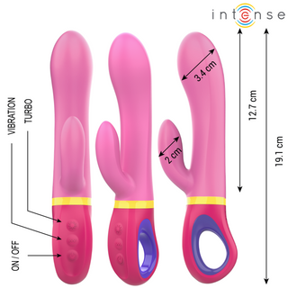 Tre Intense Daphne Rabbitvibrator Rosa visas på vit bakgrund, tillverkad av kroppssäkert silikon. Produkterna har kontrollknappar, märkta mått och funktioner för dubbel stimulans.