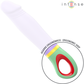 Intense Velma Classic Vibrator Lila är en klassisk vibrator med ett ergonomiskt grönt och rött handtag märkt "Agarre Ergonómico - Ergonomic Grip" och en silikonyta för mjuka sensationer.