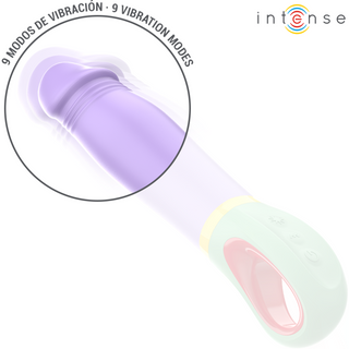 Intense Velma Classic Vibrator Lila är en pastellfärgad, vattentät vibrator med silikonyta och ett ringhandtag, som erbjuder nio vibrationslägen; märkt som Intense.
