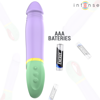 Intense Velma Classic Vibrator Lila i lila och grönt med silikonyta, här med AAA-batterier bredvid och "intense" i hörnet.