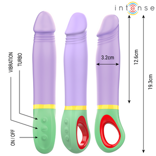Three Intense Velma Classic Vibrator Lila, med lila och grön silikonyta-finish, har knappar och längd-/breddsmått visas på en vit bakgrund.