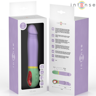 Intense Velma Classic Vibrator Lila har en lila och grön silikonyta-finish, levereras i öppen förpackning med produktinformation och är märkt "intensiv" med namnet "Velma" på lådan.