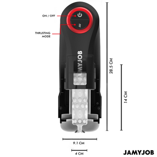 Svart JAMYJOB Gravity automatisk masturbator, plastdesign, svart färg, synliga knappar för på/av och läge; storlek i centimeter.