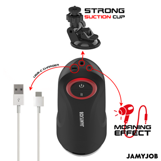 Svart JAMYJOB Gravity automatisk masturbator med strömbrytare, USB-C-port och sugkoppsbas.
