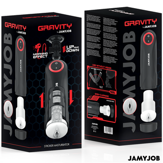 Svart automatisk JAMYJOB Gravity masturbator, cylindrisk design, plastmaterial, visas med sin förpackning.