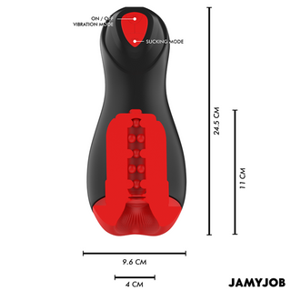 Svart och röd JAMYJOB CORE-X Masturbator tillverkad av silikon av medicinsk kvalitet, med märkta kontroller för vibration och sugning.