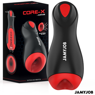 Svart och röd JAMYJOB CORE-X manlig masturbator tillverkad av medicinsk silikon, med en elegant cylindrisk design.