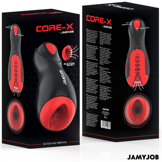 Två lådor med JAMYJOB CORE-X masturbatorer för män, som visar svarta apparater med slät, cylindrisk design och silikonmaterial.