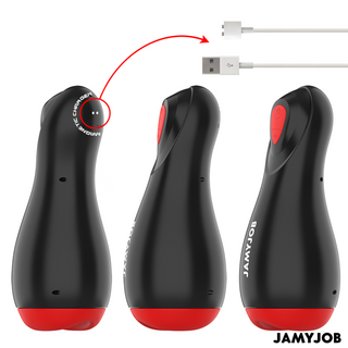 JAMYJOB CORE-X masturbator i svart och rött, tillverkad av medicinsk silikon, med USB-laddningsport och -kabel.