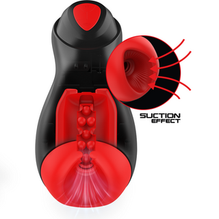 Svart och röd JAMYJOB CORE-X silikonmasturbator med sugfunktion, visas med märkta designdetaljer.