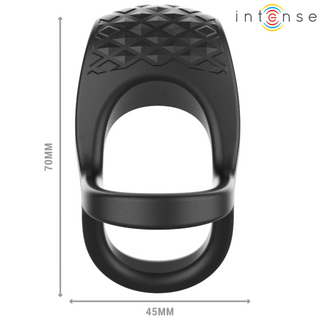 Intense Alex Dubbel Vibratorring - svart silikonring med mönstrad yta, 70mm x 45mm, och Intense-logo. Perfekt för par som vill utforska extra njutning tillsammans.