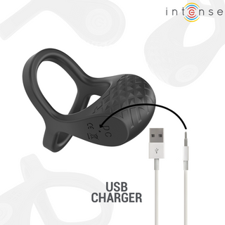 En svart Intense Alex Dubbel Vibratorring med en strukturerad yta sitter bredvid en vit USB-laddkabel märkt USB CHARGER.