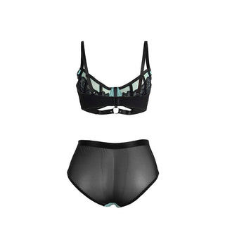Grönt spets- och mesh-BH-set med bralette och matchande högmidjade transparenta trosor med spetsdetaljer.