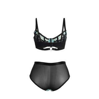Grönt spets- och mesh-BH-set med bralette och matchande högmidjade transparenta trosor med spetsdetaljer.