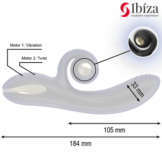 Ibiza Twister Vibrator Rotation är en grå personlig massageapparat tillverkad av kroppssäkert silikon, med två motorer och roterande vibrationer; den är 184 mm lång och 33 mm tjock i ena änden.