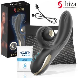 Ibiza Twister Vibrator Rotation set innehåller förpackning, USB-laddare, glidmedelspåse och presentpåse. Tillverkad av kroppssäkert silikon för säker användning.