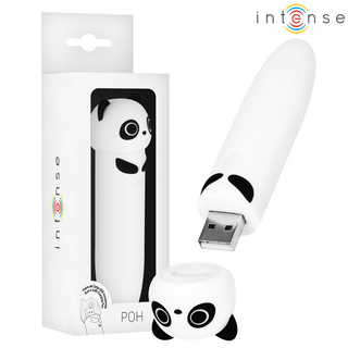 INTENSE POH Panda Bullet är ett vitt pandaformat USB-minne av medicinsk silikon som visas med både ytter- och innerförpackning; Intense-varumärket syns tydligt.