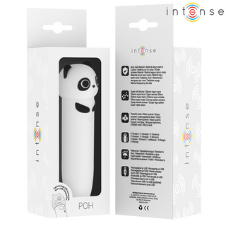 INTENSE POH Panda Bullet är en vit pandaformad vibrator i klar förpackning, tillverkad av medicinsk silikon med produktinformation på lådan.