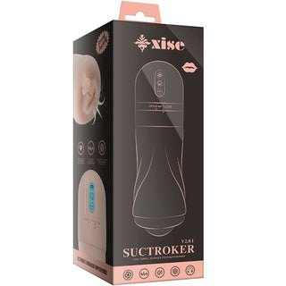 Svart och rosa låda för XISE Suctroker Munmasturbator, med en realistisk mundesign, produktbild och highlights av sugfunktion och kraftfulla vibrationer på förpackningen.