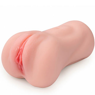 Handhållen silikonmasturbator i ljus hudton, utformad med anatomiska detaljer och slät, realistisk textur.