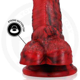 Epic Dildo Vulcanus Night Dragon är en röd och svart cybersilikondildo med en stark sugkoppsbas, som visas med en cirkulär etikett till vänster.