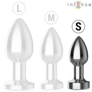 Intense Vibrerande Analplugg S är den minsta av de tre analpluggarna, med en metalldesign och Intense-logotypen i hörnet.