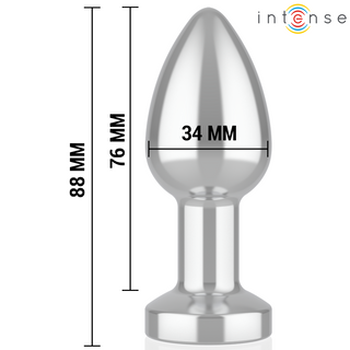 Intense Vibrerande Analplugg M i silverfärgad metall, 88 mm hög, 34 mm bred, 76 mm införd längd; intensiv logotyp upptill till höger.