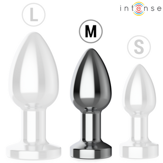 Intense Vibrerande Analplugg M är en medelstor analplugg av metall med Intense-logotypen längst upp till höger.