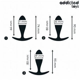 Addicted Toys Analpluggar Set 3 st har tre svarta silikon analpluggar i ökande storlekar, var och en märkt med mått. Visas på en vit bakgrund med Addicted Toys-logotypen, den är idealisk för att utforska analleksaker.