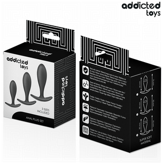 Svartvit förpackning för Addicted Toys Analpluggar Set 3 st, med tre analpluggar i silikon i olika storlekar - perfekt för både nybörjare och erfarna användare av analleksaker.