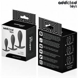 Svartvit förpackning för Addicted Toys Analpluggar Set 3 st, med tre analpluggar i silikon i olika storlekar - perfekt för både nybörjare och erfarna användare av analleksaker.