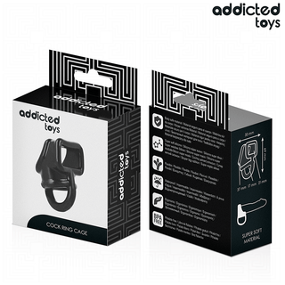Addicted Toys penisburring i svart, tillverkad av slätt material med en minimalistisk, ergonomisk design. Förpackningen är synlig.