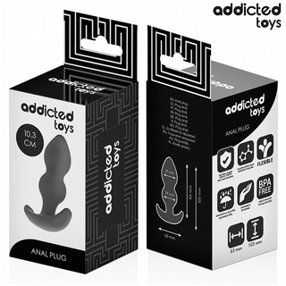 Analplugg i svart silikon, medelstor, i svart förpackning med produktbild och storleksinformation.