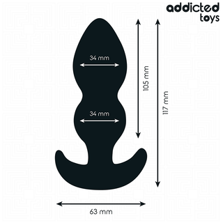 Analplugg i svart silikon, 12 cm lång, 34 mm bred, med 63 mm utsvängd bas; enkel cylindrisk design.