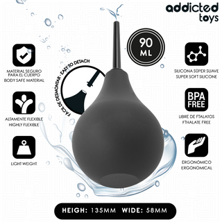 Analrengöringskula i svart silikon med ergonomisk design, 90 ml kapacitet, rundad spets och strukturerat grepp.