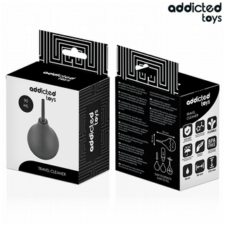 Två svartvita lådor innehållande 90 ml BPA-fri Travel Anal Cleaner, med flexibel design.