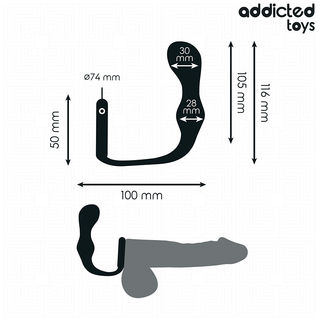 Analplug i svart silikon med tillhörande 3 cm penisring, visas med millimetermått; Addicted Toys logotyp synlig.