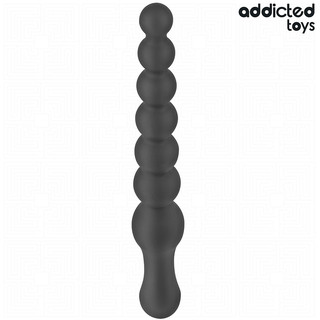 Double Anal Massager 24 cm är en svart, pärlformad leksak tillverkad av medicinskt silikon med ett avsmalnande handtag; Addicted Toys-logotypen visas i det övre högra hörnet.