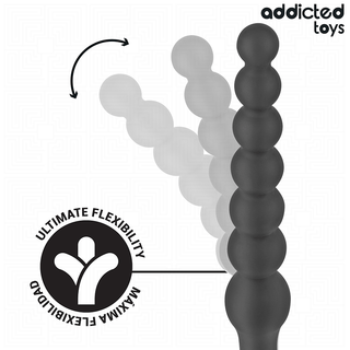 Double Anal Massager 24 cm är en flexibel svart pärlformad leksak tillverkad av medicinskt silikon, visad med en pil som markerar dess böjbarhet och Addicted Toys-logotypen i hörnet.