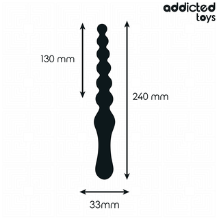 Dubbel analmassageapparat 24 cm: Denna svarta pärlformade leksak, tillverkad av medicinskt silikon och som mäter 240 mm lång och 33 mm bred, erbjuder tillfredsställande analstimulering. Addicted Toys-logotypen visas i det övre högra hörnet.