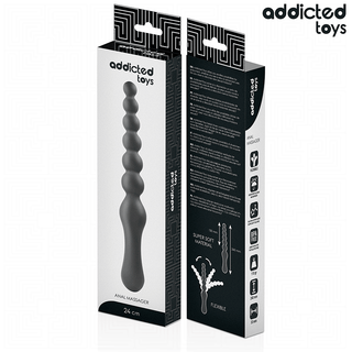 Double Anal Massager 24 cm i svart, tillverkad av medicinskt silikon, visas med sin Addicted Toys-låda med produktinformation och ikoner.