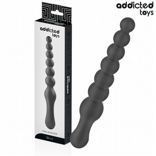 Double Anal Massager 24 cm är tillverkad av medicinskt silikon, har svarta pärlor, levereras i Addicted Toys-förpackning och är perfekt för analstimulering.
