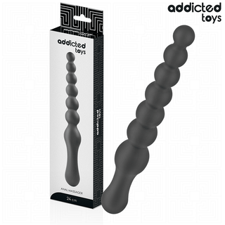 Double Anal Massager 24 cm är tillverkad av medicinskt silikon, har svarta pärlor, levereras i Addicted Toys-förpackning och är perfekt för analstimulering.
