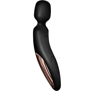 Satisfyer Wand Erland Svart är en svart och roséguld stavmassageapparat med ett rundat huvud, ergonomiskt handtag och kraftfulla vibrationer för lugnande lindring.