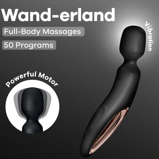 Satisfyer Wand Erland Svart är en svart wand-massager med accenter i roséguld som erbjuder 50 massageprogram och kraftfulla vibrationer för en intensiv och avslappnande helkroppsupplevelse.