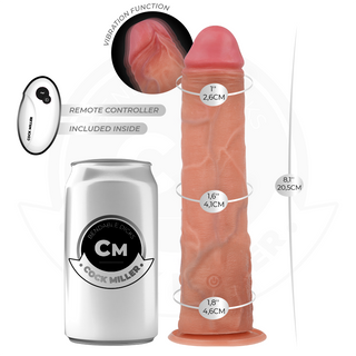 Cock Miller Dildo Med Fjärrkontroll 20cm visas bredvid en burk för storleksjämförelse; dimensioner och funktioner som sugkopp är tydligt markerade.