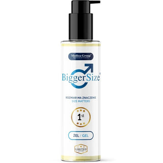 Vit plastflaska med BiggerSize Intimate Gel för män, 150 ml, med blå etikett och gulddetaljer.